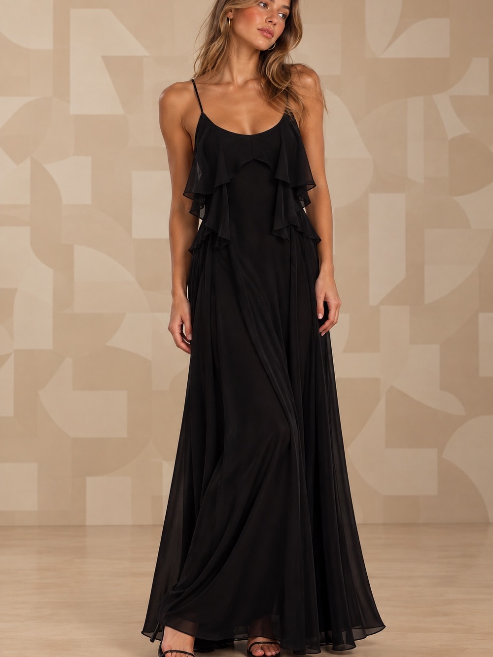 💄MAKE OFFER💄 Falls Black Ruffle-Trim Maxi Dress Spaghetti Straps 100% Silk LG